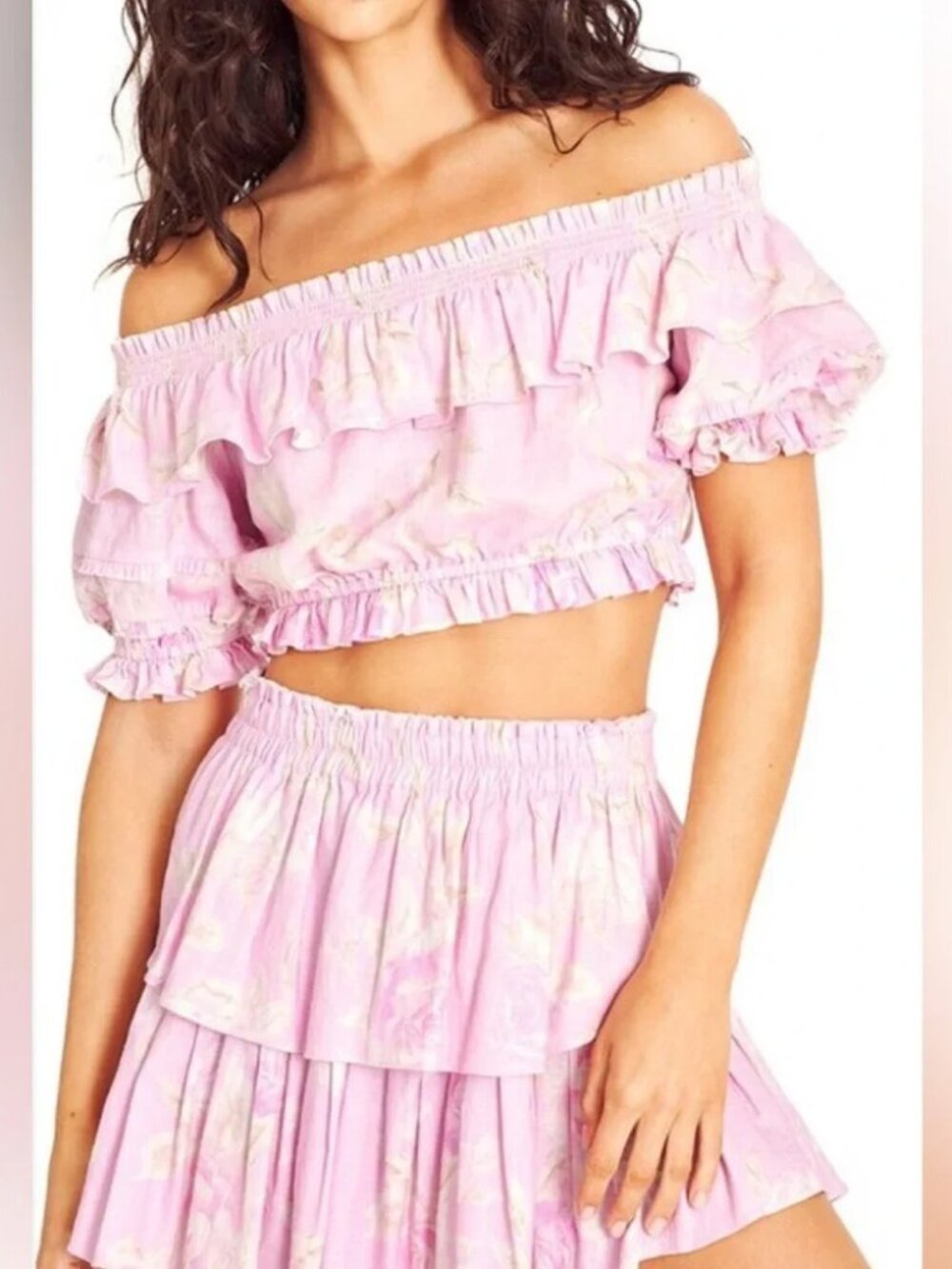 LoveShackFancy Audrille Pink (Item-259) Floral Linen Blend Off Shoulder Top XS